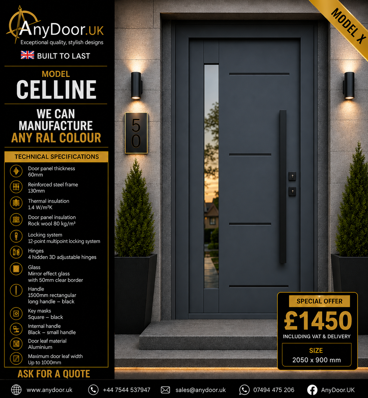 AnyDoor Celline – Anthracite Grey RAL 7016 | Single Door 2050×900mm