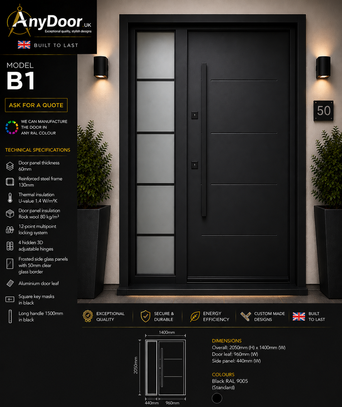 Italian Door B1 – Black RAL 9005 | Diagonal Lines Design | 2050×1400mm