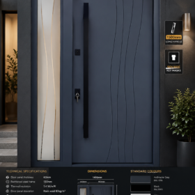 Italian Door T1 – Curved Wave Design | Frosted Side Panel with Gold Trims | 2050×1400mm