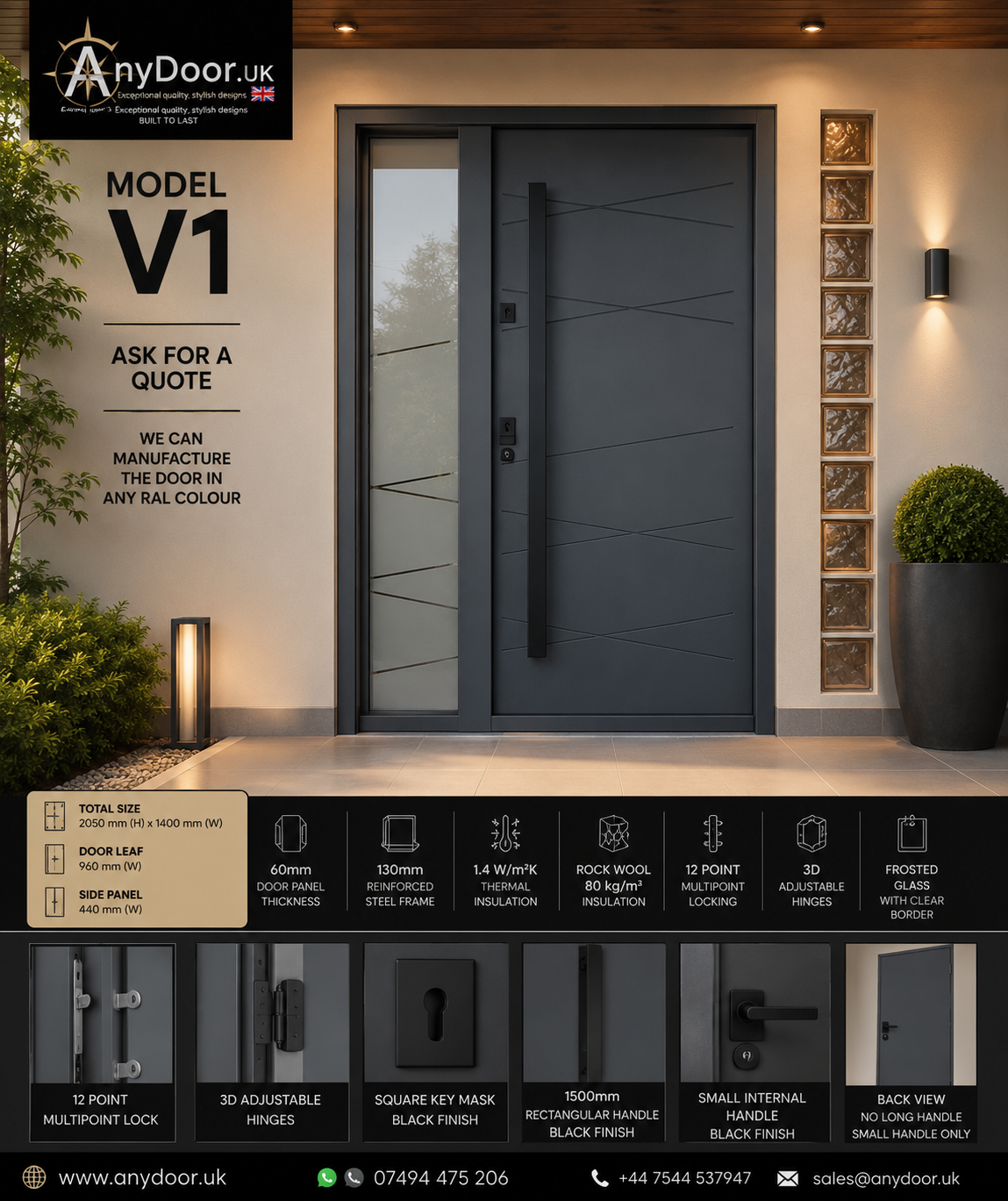 Italian Door V1 Exclusive – Diagonal Lines Design | Frosted Side Panel | 2050×1400mm - Image 2
