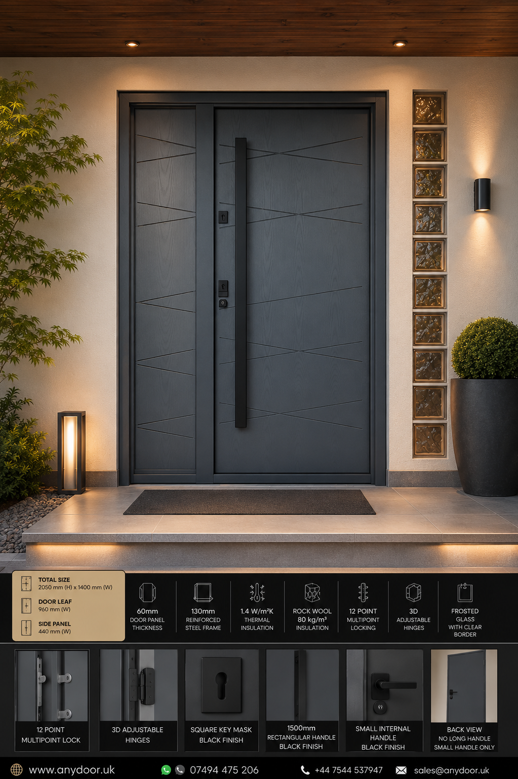 Italian Door V1 Exclusive – Diagonal Lines Design | Frosted Side Panel | 2050×1400mm - Image 4